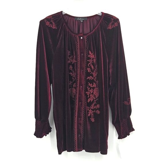 Calessa Button Up Down Shirt Womens Size 3X Red Floral Embroidered Velvet Boho - Picture 2 of 8